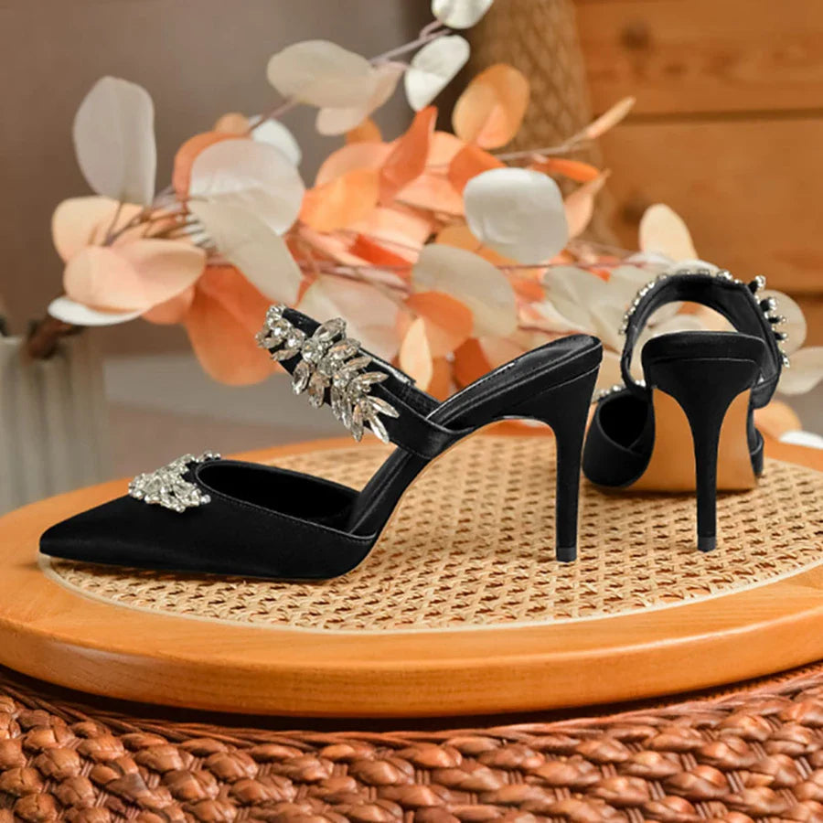 Women's High HeelsTemperament Baotou Silk Wheat Ear Rhinestones Muller Semi-Trailer Pump Pointed Stiletto Sandals