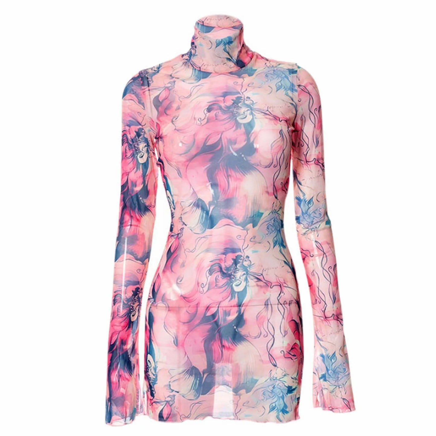 Top Selling Mesh Printed Round Neck Womens Dresses For Teens Plus Size Bell Sleeve Side Open Hip Dress Vestidos Para Mujer