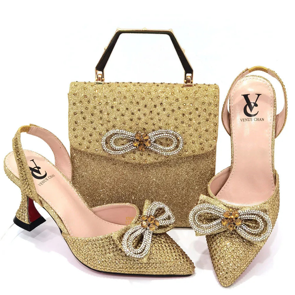 The Latest Style Rhinestone Bow Side Empty Party High Heels Pointed Toe Stiletto Heels Silver Women's Shoes And Bags