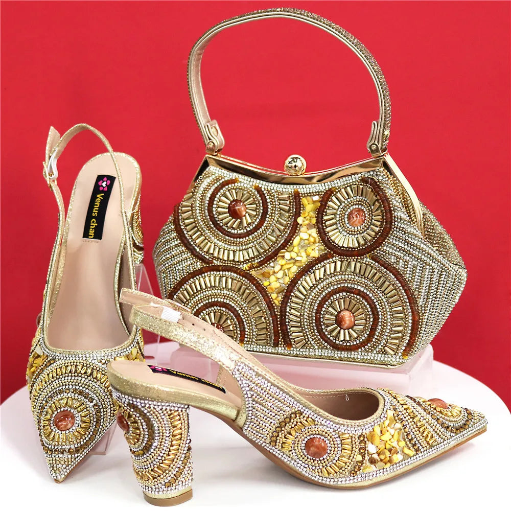 Spot Goods Elegant Streamlined Pointed Toe Women's Shoes Matching Flower Basket Handbag Party Women's Shoes And Bag Set