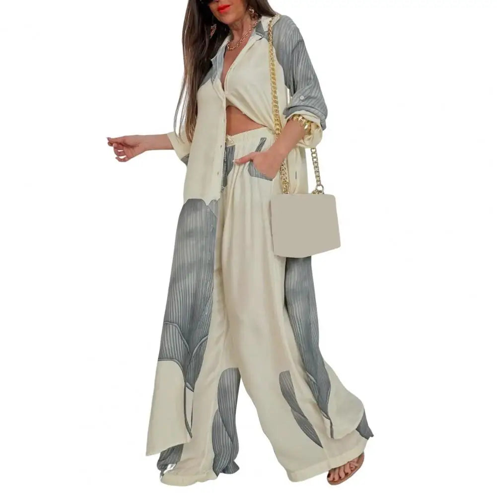 Two-piece Suit Women Contrasting Color Suit Stylish Women's V-neck Patchwork Printed Suit for Various Occasions Loose Fit Top