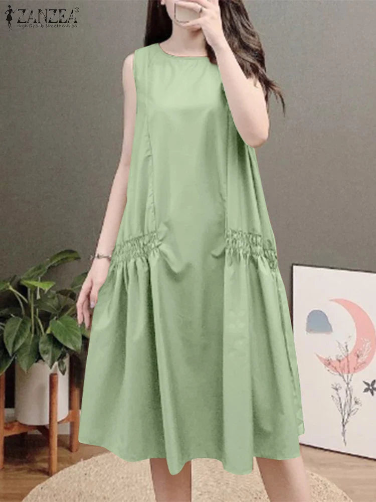 ZANZEA Summer Women's A-line Midi Dresses Casual O-Neck Shirring Pleated Tank Vestidos 2025 Fashion Holiday Solid Robes Femme