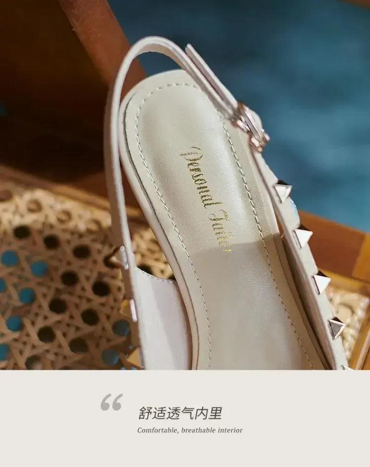 Women Sandals Rivets Pointed Toe Slingbacks Patent Leather Mid Heels Pumps Blue Snakeskin Pattern Slip on Sandalias Mujer