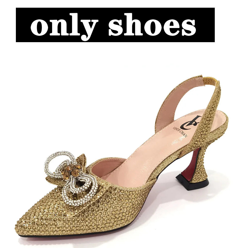The Latest Style Rhinestone Bow Side Empty Party High Heels Pointed Toe Stiletto Heels Silver Women's Shoes And Bags