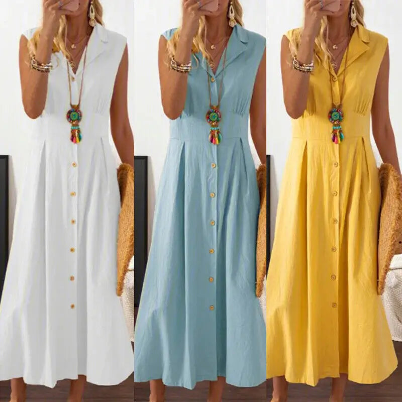Women Cotton Linen Long Dress Summer Sleeveless Buttons Turn-down Collar Shirt Dress Loose Neck Temperament Office Dresses 2024