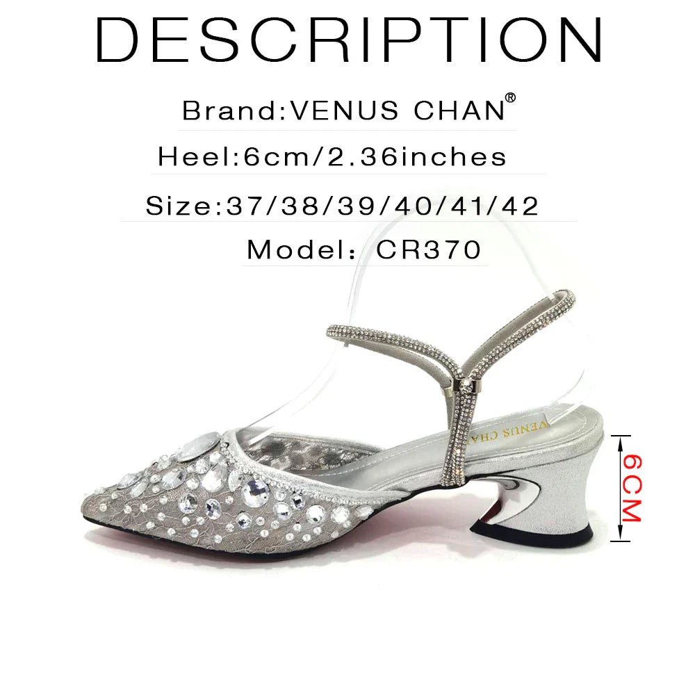 Venus Chan Pointed Toe Heels for Women Party Green Color Full Diamond Lace Matching Design Italian Shoe and Bag Set Designer