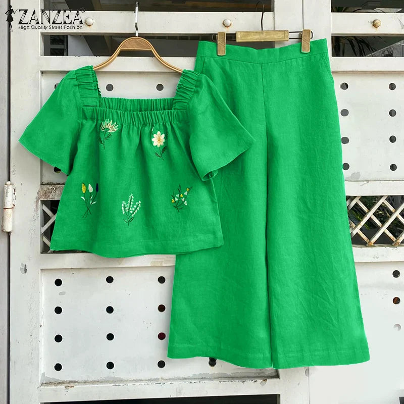 ZANZEA Women Short Sleeve Square Collar Tops Elastic Waist Pant Sets Summer Outfits Elegant Floral Embroidery Two Piece Suts