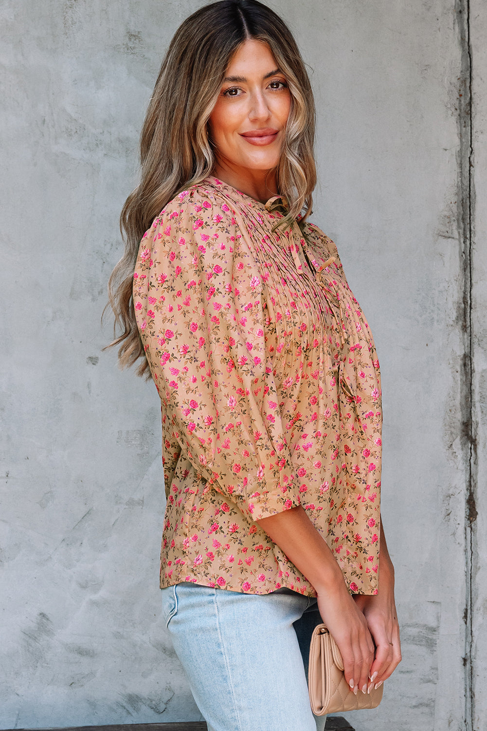 Sadie Floral Bow Pin-tuck Bust Half Puff Sleeve Blouse-2