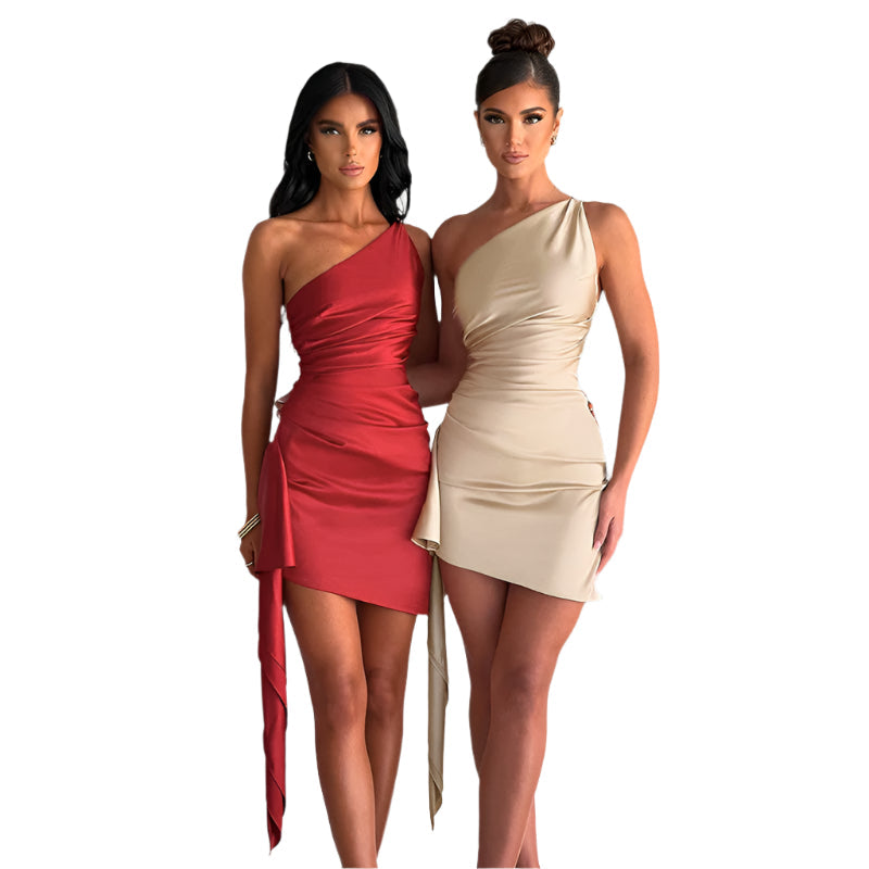 One-shoulder Sleeveless Mini Dress Sexy Slim Backless Skirt Party Wedding Dresses Womens Clothing