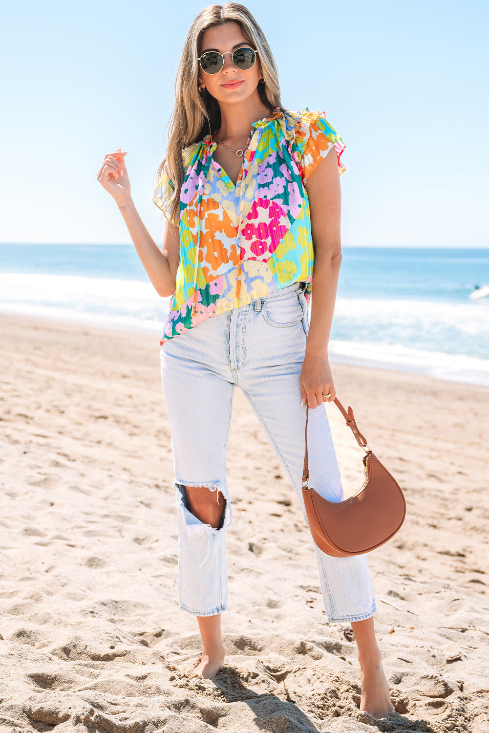 Rosa Flutter Sleeve V Neck Crinkled Blouse-4