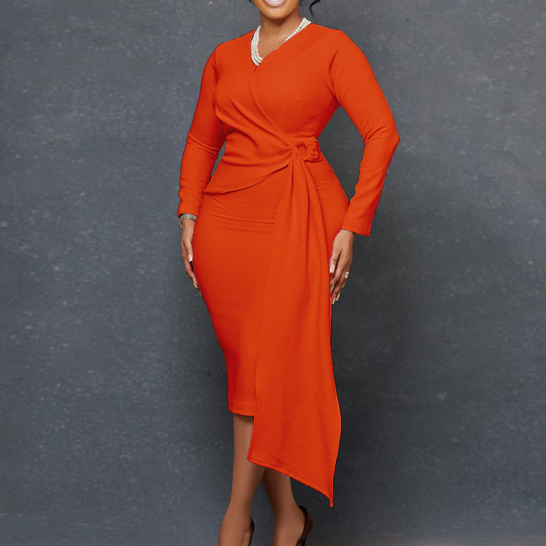 Women's Fashion Plus Size V-neck Long-sleeve Dress