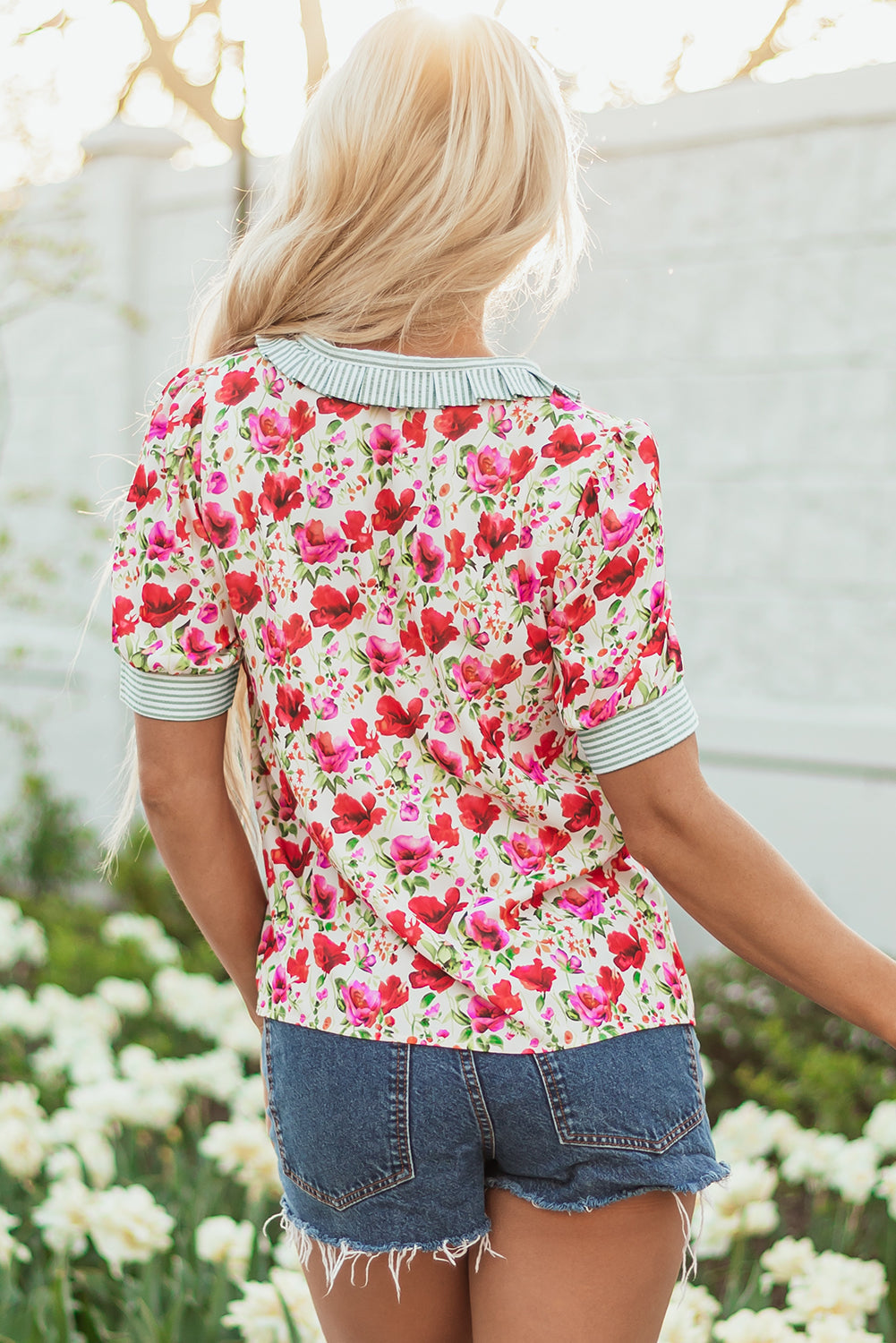 Romy Floral Striped Patchwork Collared Short Sleeve Blouse-1