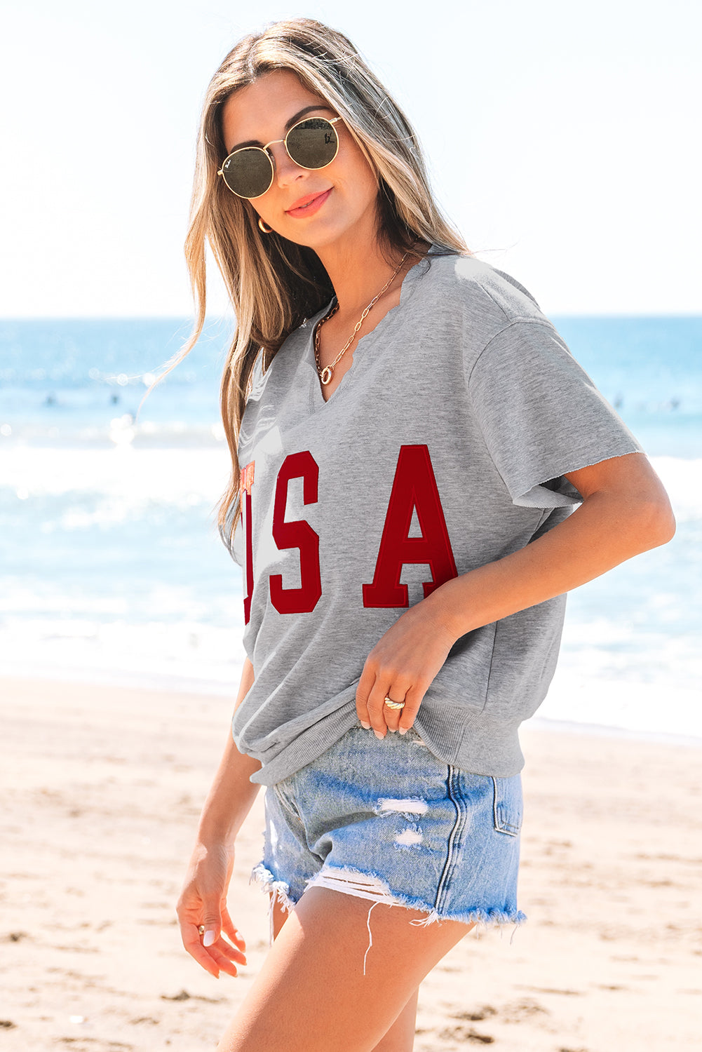 USA Patch Notched Neck Loose Tee-3