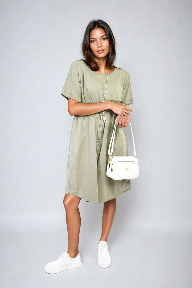 Short Sleeve Button Front Midi Dress-9