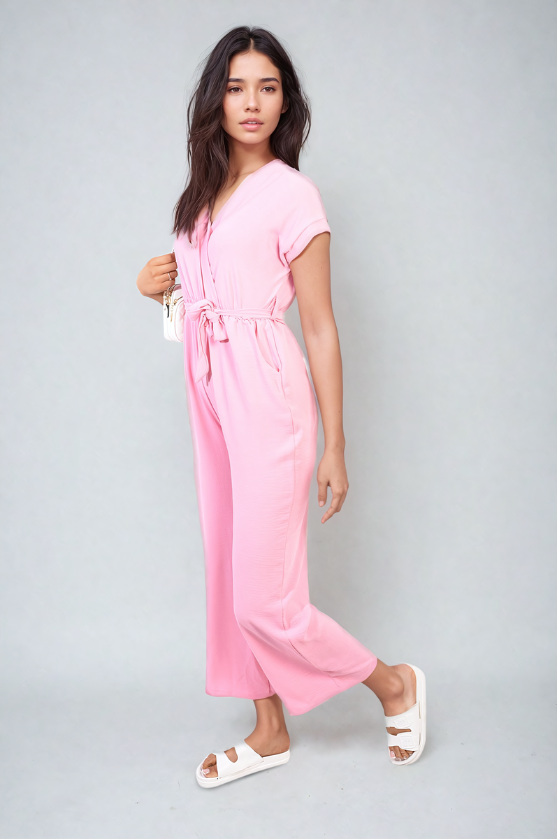 Belted V Neck Jumpsuit with Side Pockets-10