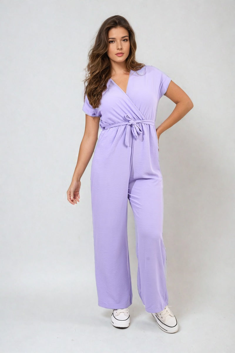 Belted V Neck Jumpsuit with Side Pockets-5