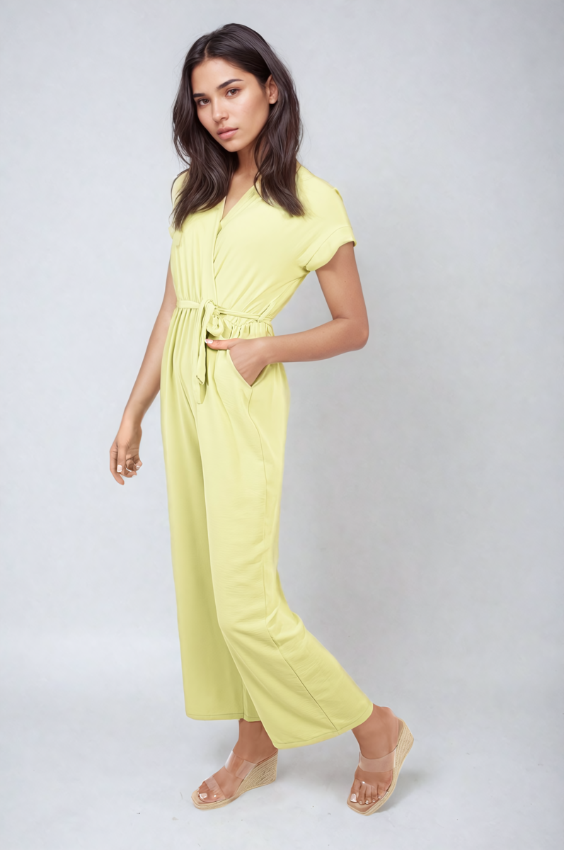 Belted V Neck Jumpsuit with Side Pockets-13