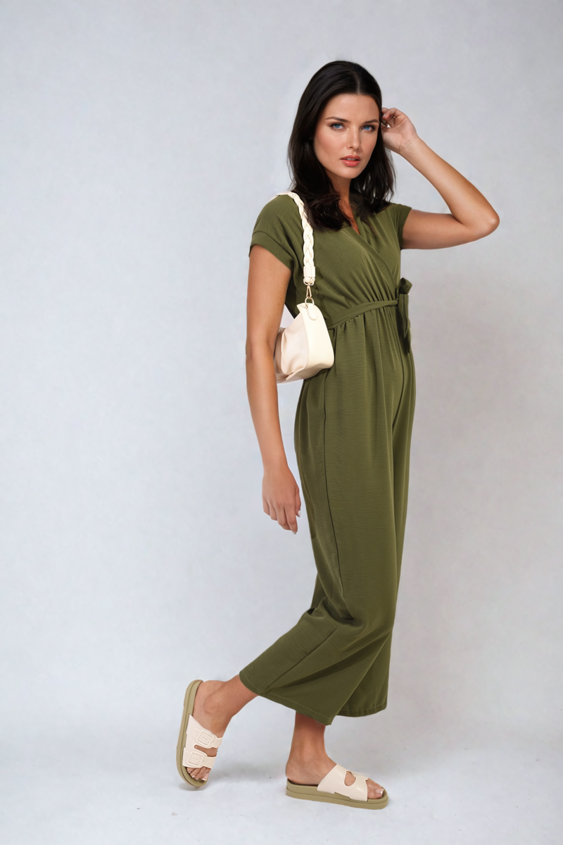 Belted V Neck Jumpsuit with Side Pockets-3