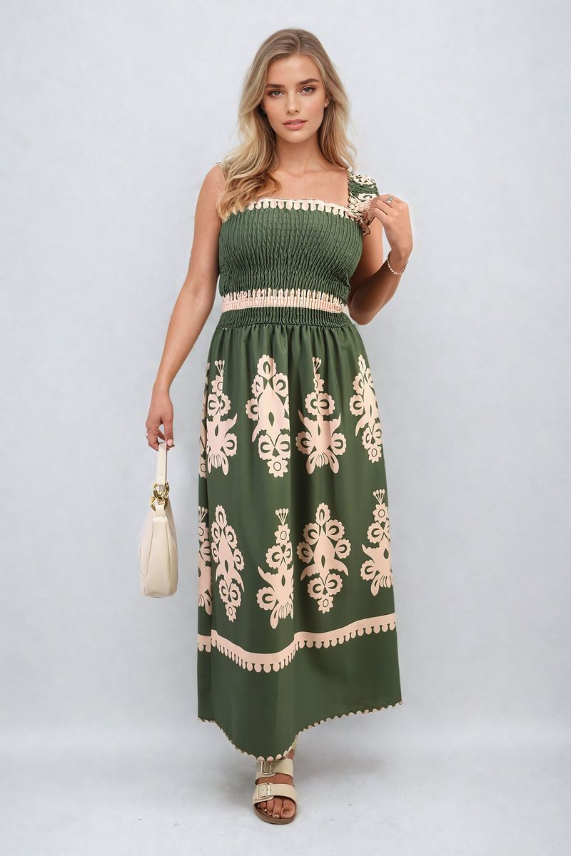 Smocked Sleeveless Flowy Tribal Print Summer Maxi Dress-9
