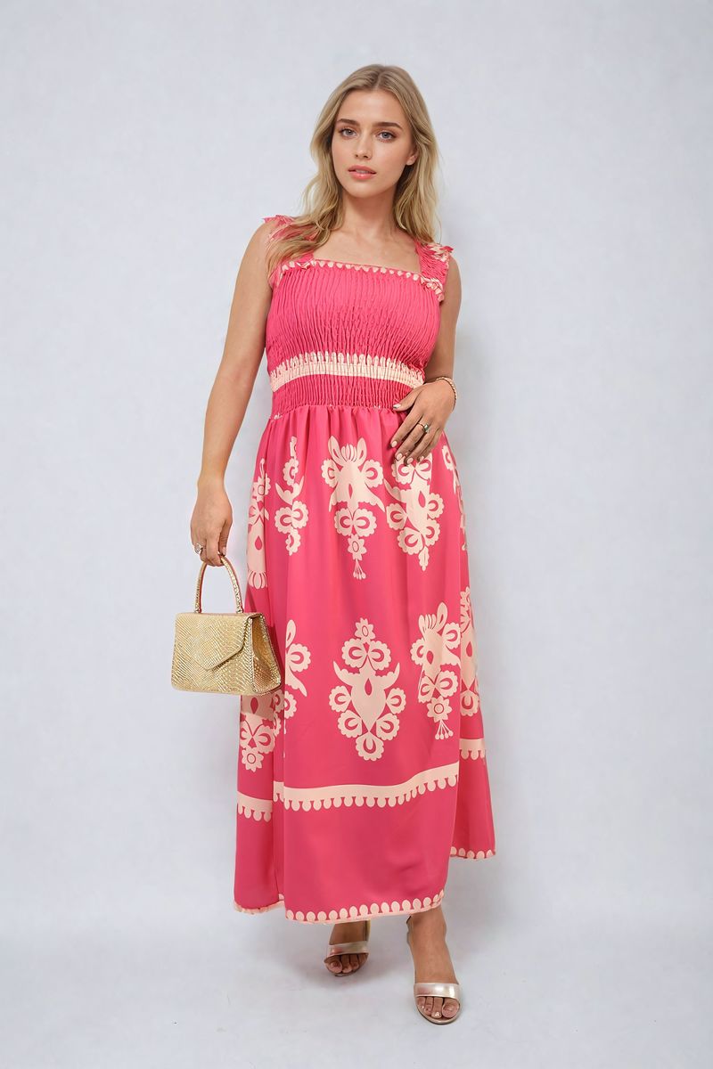 Smocked Sleeveless Flowy Tribal Print Summer Maxi Dress-8