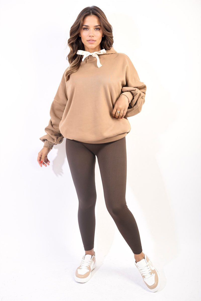 Oversized Ruched Sleeves Knitted Hoodie with Ribbon Detail-8