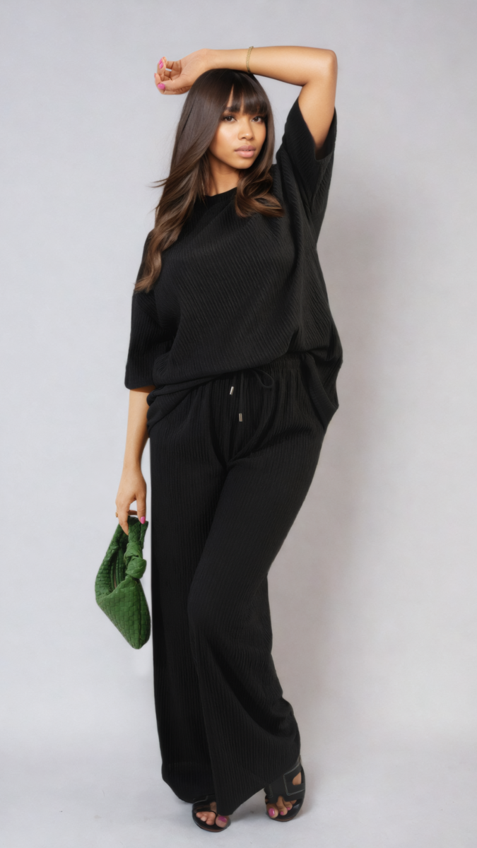 Ribbed Oversized Top and Drawstring Wide Leg Trouser Co-ord Set-7