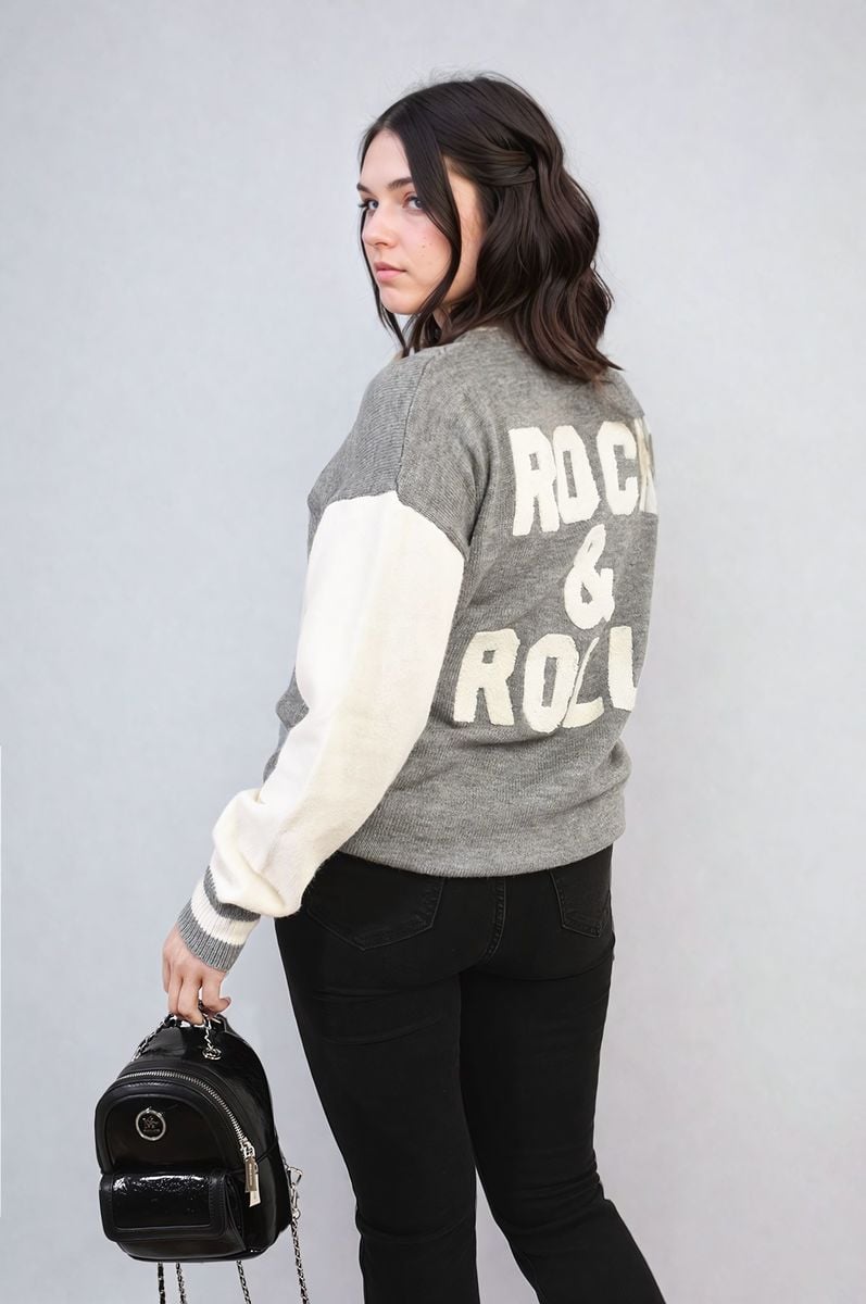Round Neck Rock & Roll Print Knitted Jumper-6