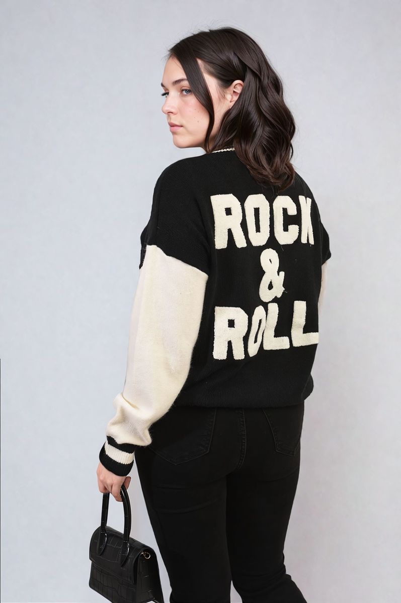 Round Neck Rock & Roll Print Knitted Jumper-7