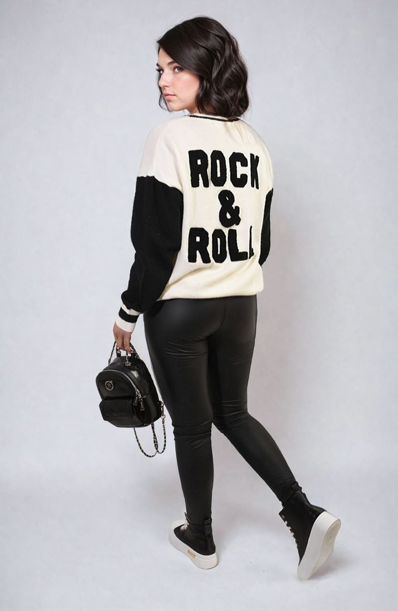 Round Neck Rock & Roll Print Knitted Jumper-5