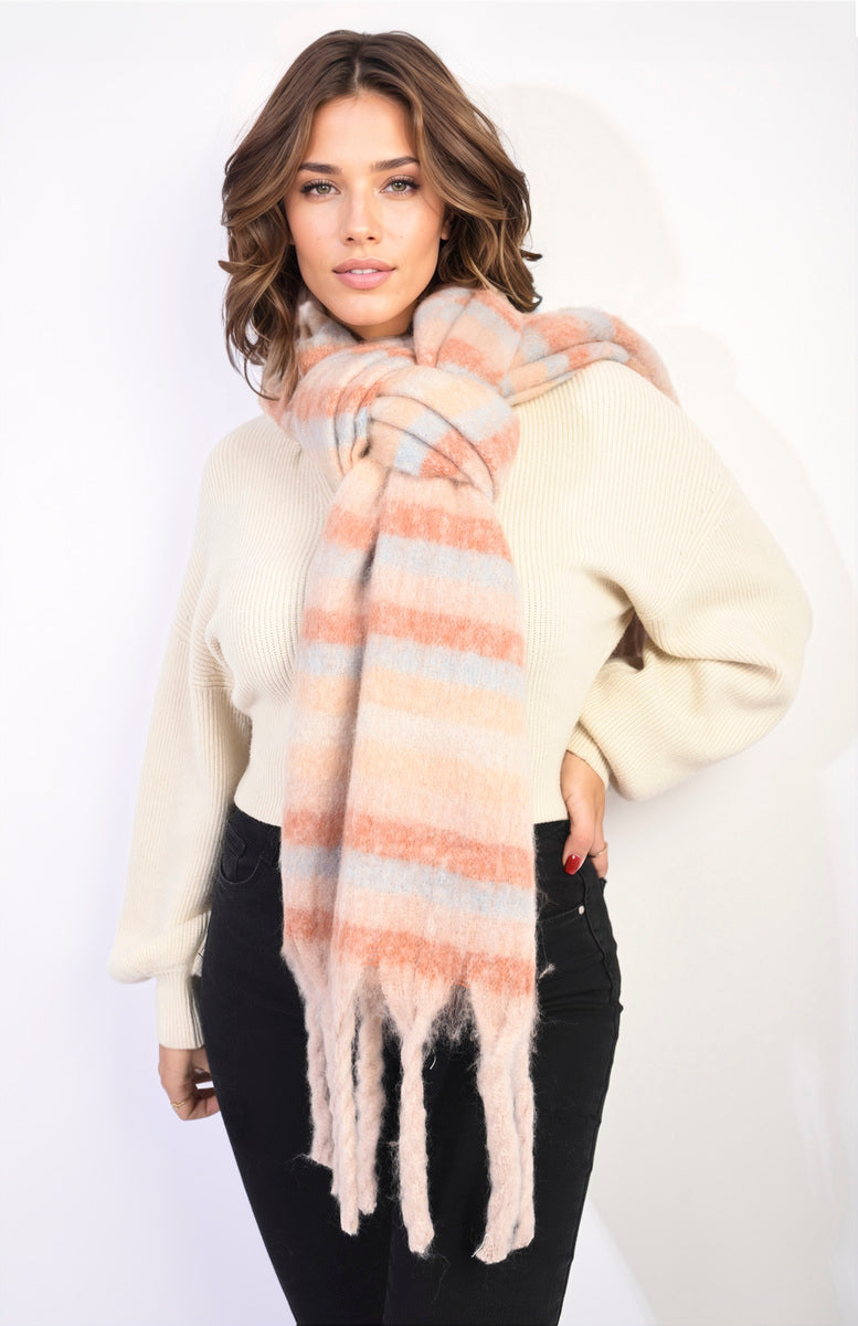Striped Soft Comfortable Oversized Chunky Scarf with Tassel-3