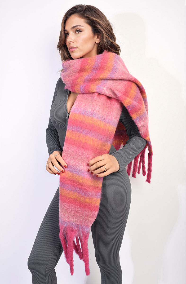 Striped Soft Comfortable Oversized Chunky Scarf with Tassel-2
