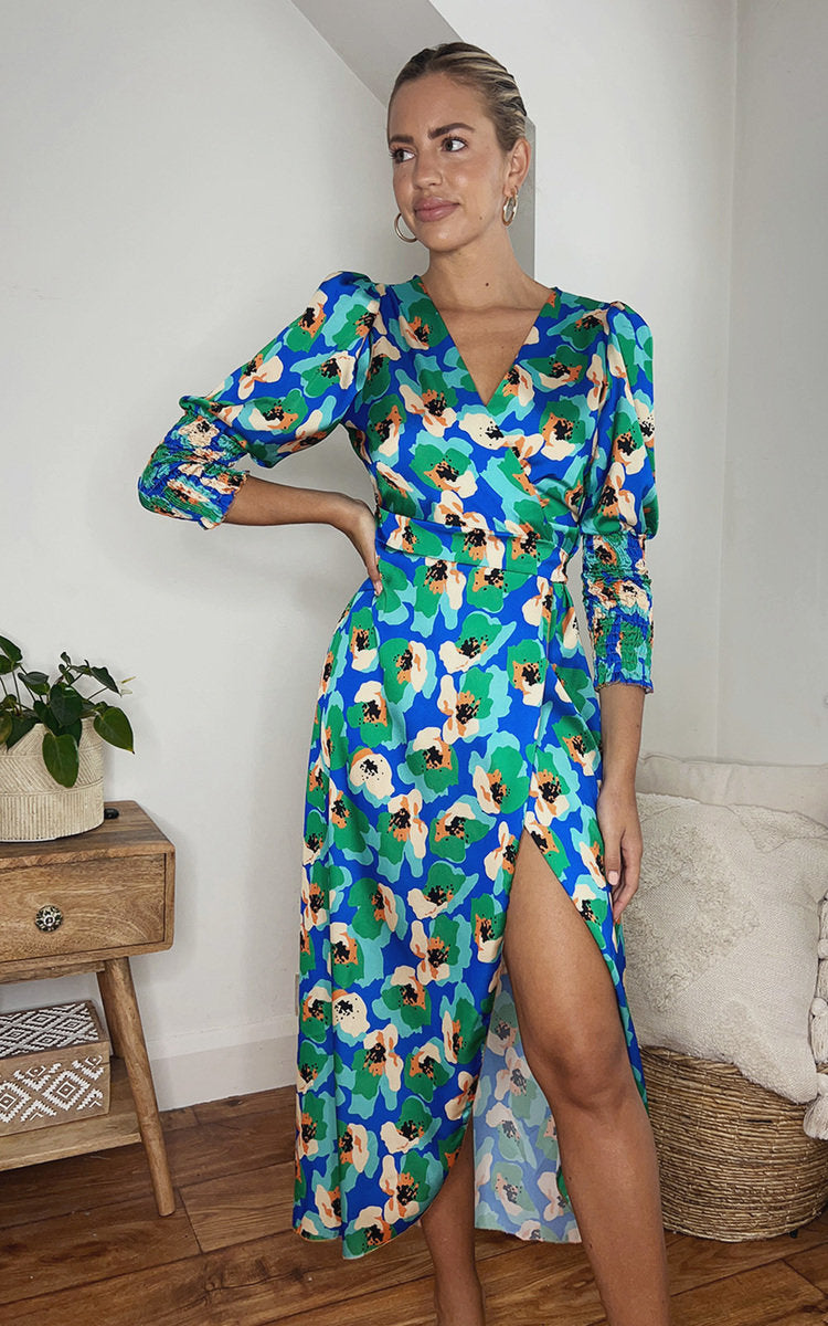 Wrap Front Printed Midi Dress-0
