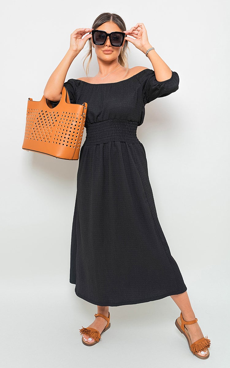 Off Shoulder Shirred Waist Mini Dress-6