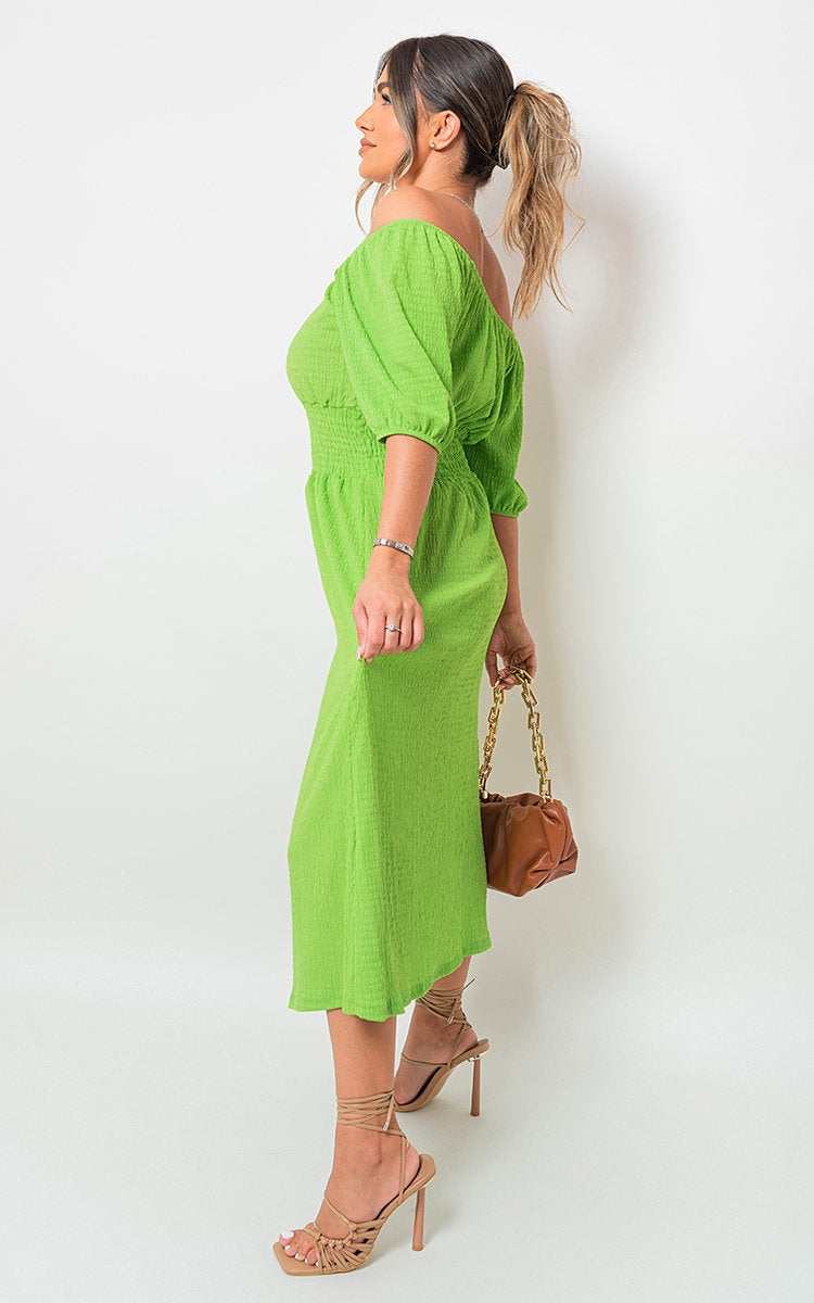 Off Shoulder Shirred Waist Mini Dress-9