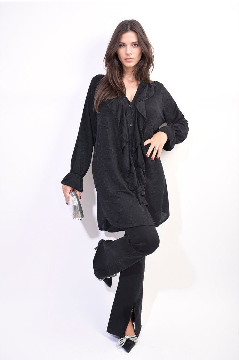 Oversized Satin Ruffle Shirt Dress-5
