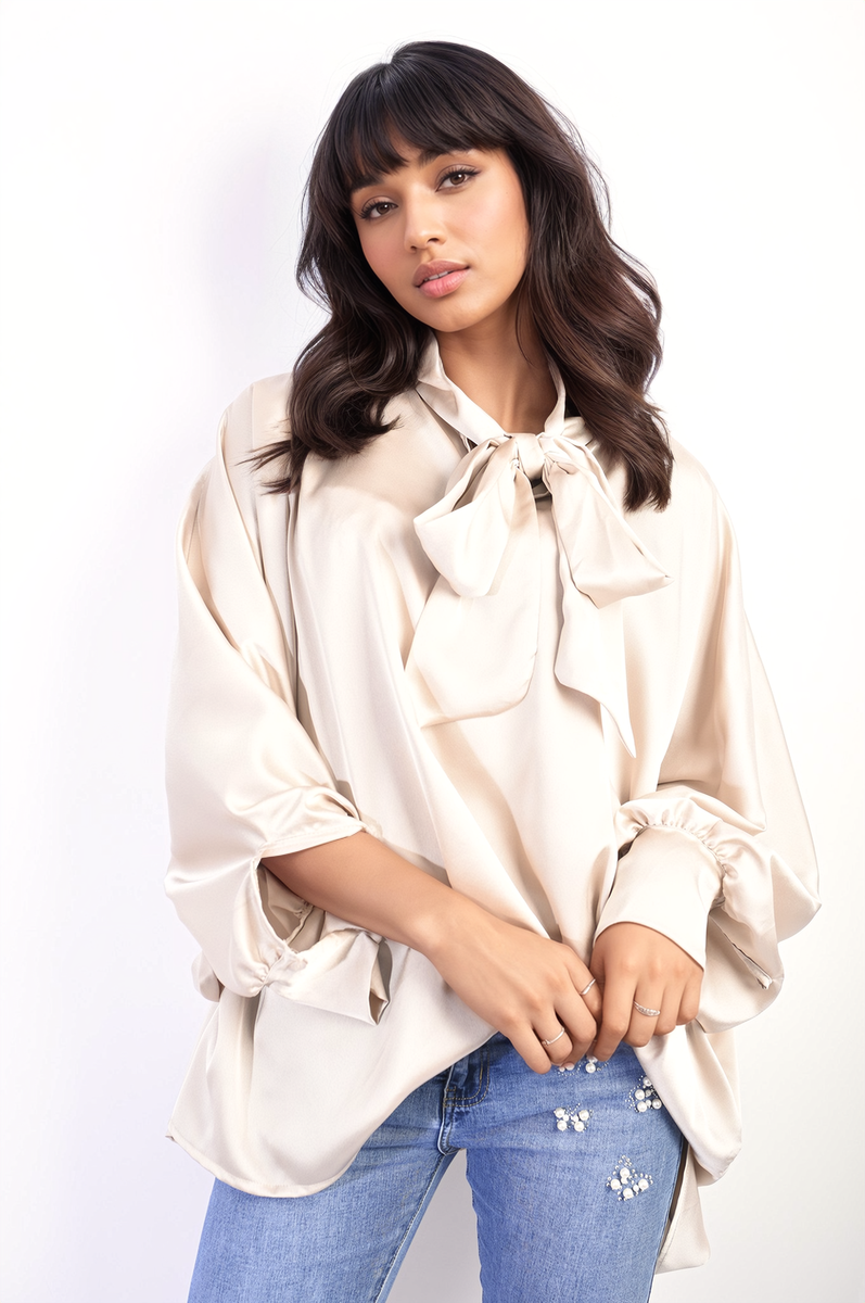 Oversized Silky Satin Long Sleeve Bow Tie Neck Top-0