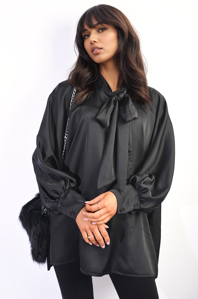 Oversized Silky Satin Long Sleeve Bow Tie Neck Top-4