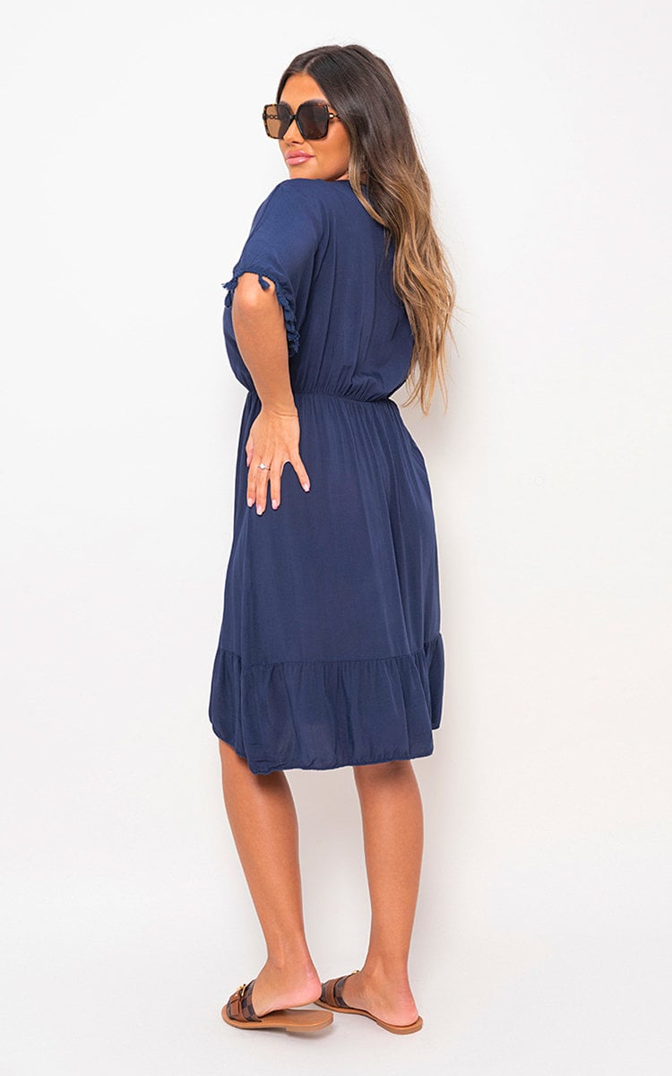 V-Neck Short Sleeve Midi Dress with Tassel Detail-15