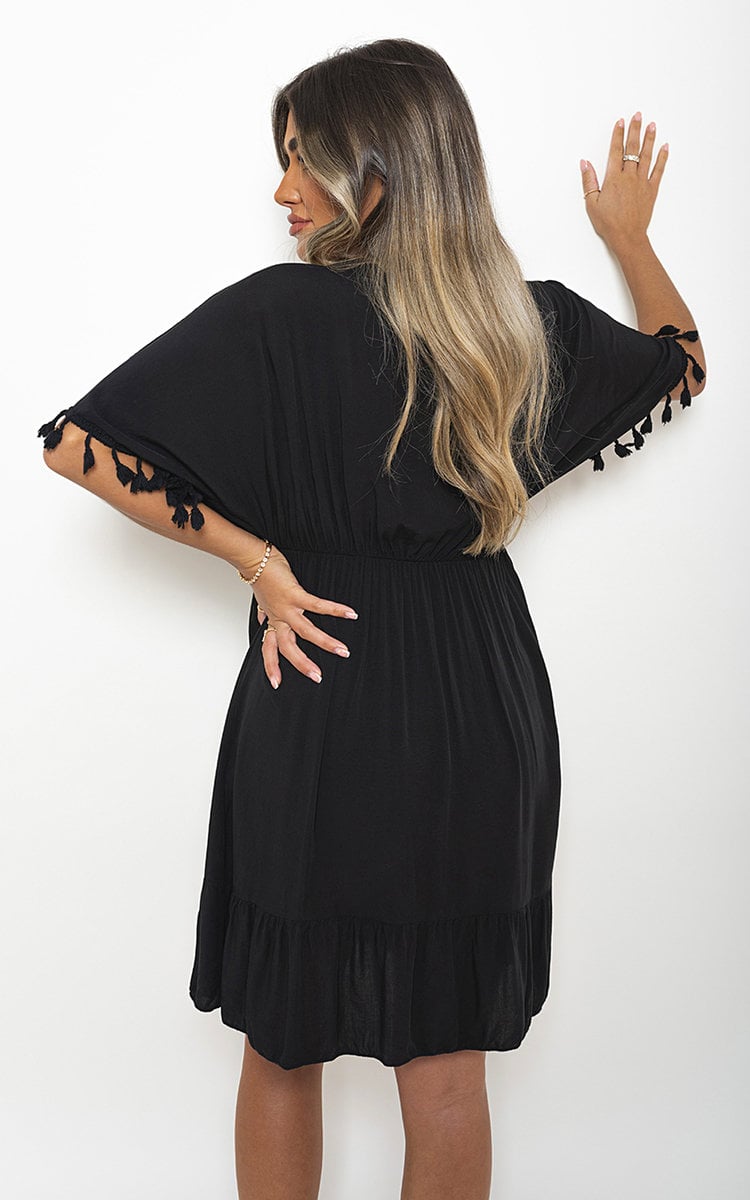 V-Neck Short Sleeve Midi Dress with Tassel Detail-12
