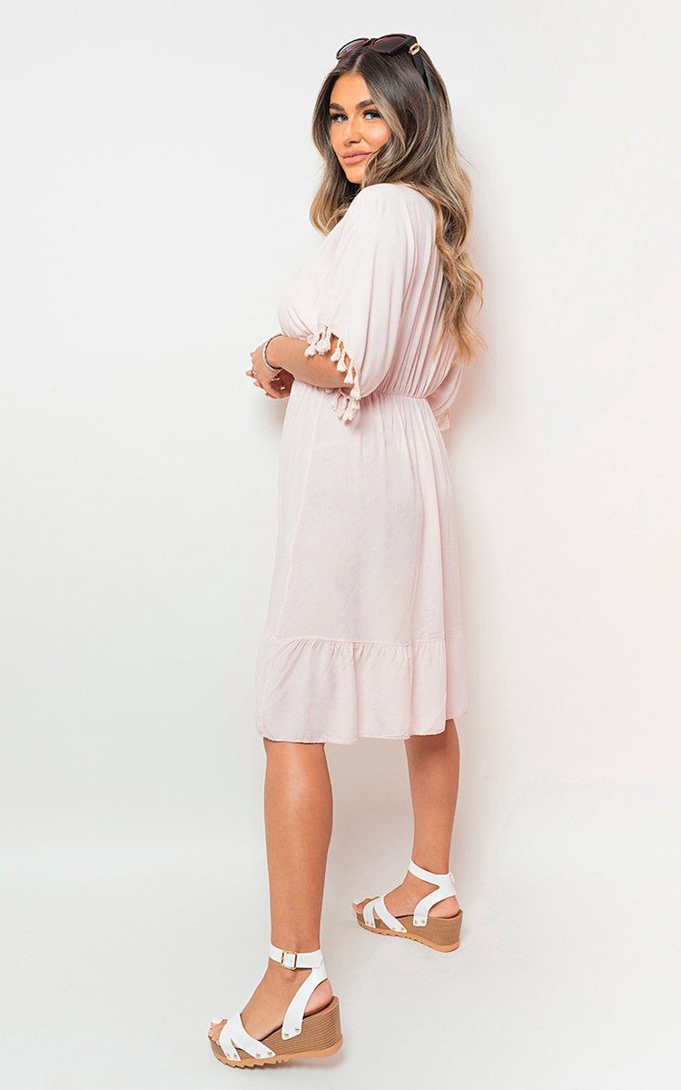 V-Neck Short Sleeve Midi Dress with Tassel Detail-9
