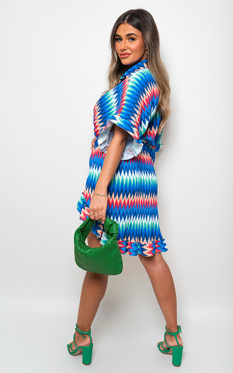 Zigzag Print Pleated Button Up Shirt Dress-5