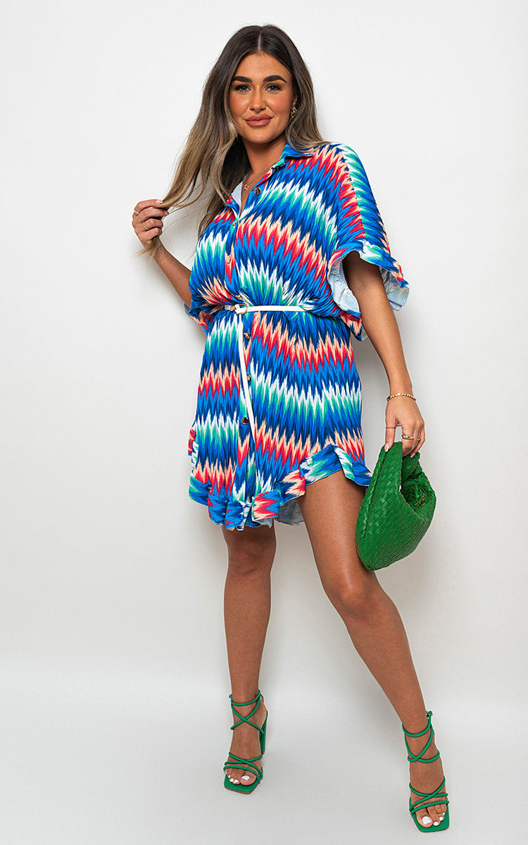 Zigzag Print Pleated Button Up Shirt Dress-3