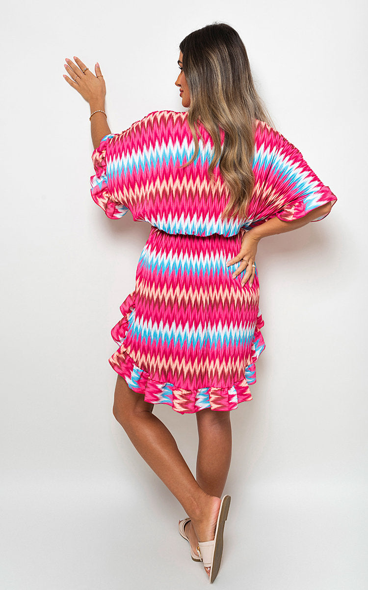 Zigzag Print Pleated Button Up Shirt Dress-6