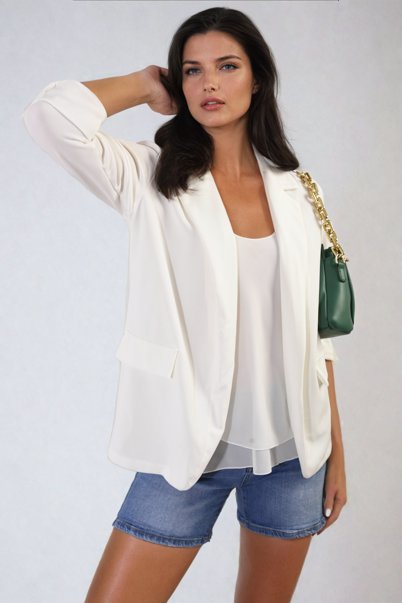 Longline Open Front Blazer Jacket with Front Pockets-3