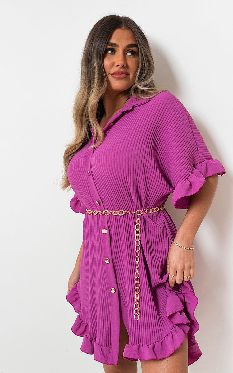 Button Down Oversized Ruffle Short Sleeve Mini Dress-11