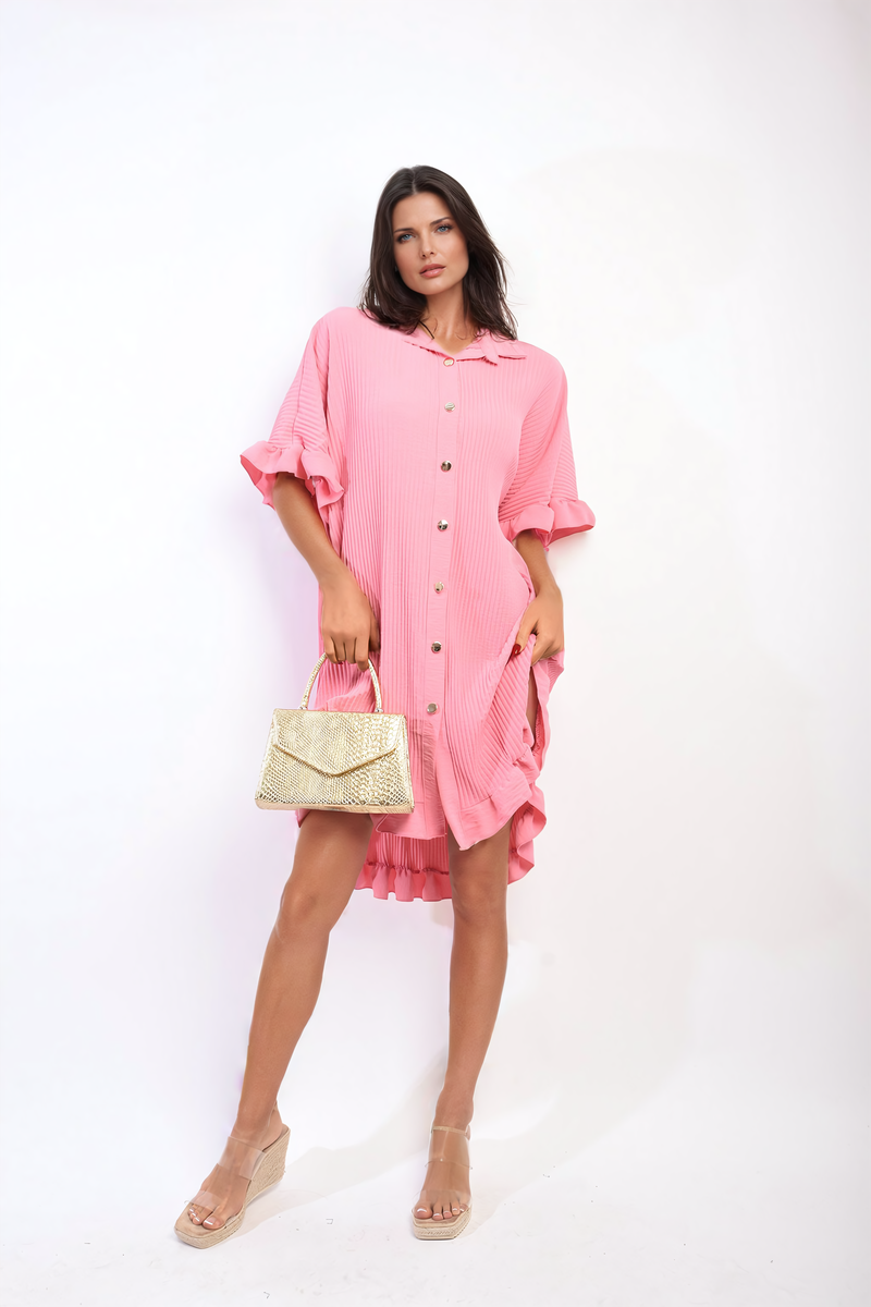 Button Down Oversized Ruffle Short Sleeve Mini Dress-8