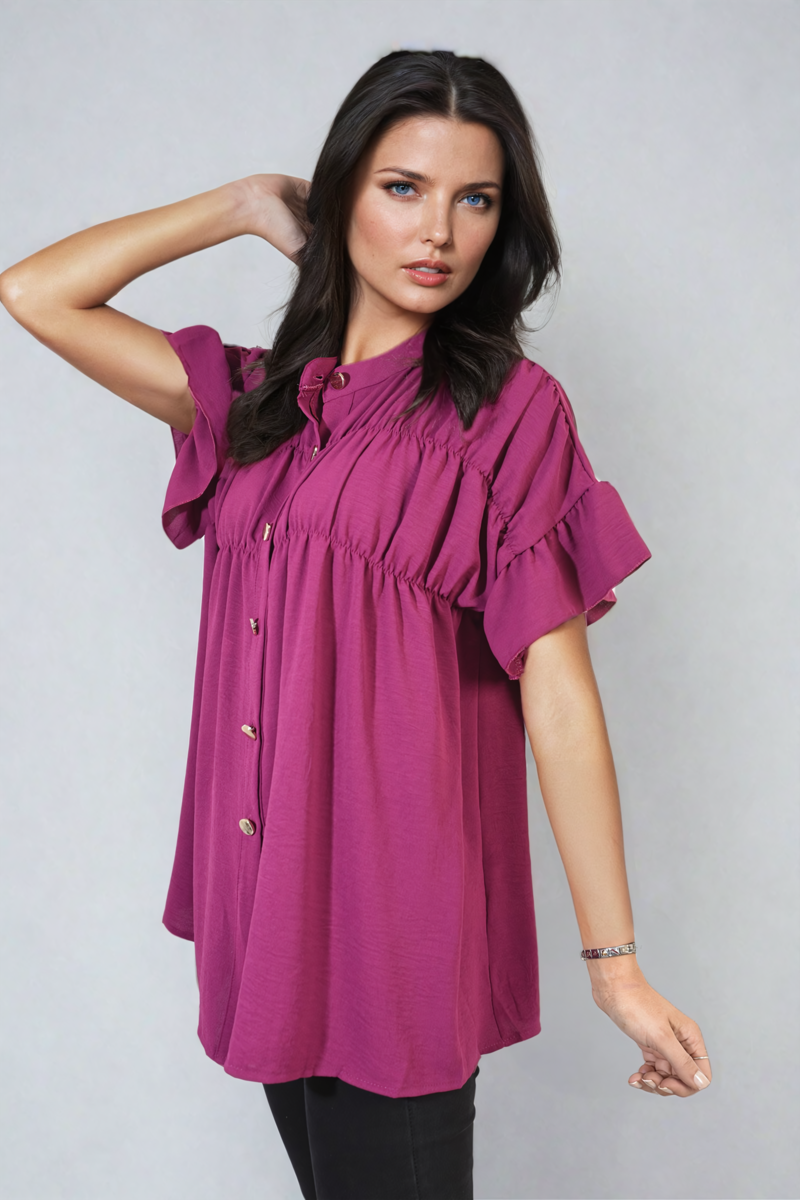 Button Down Pleated Frill Tops-3