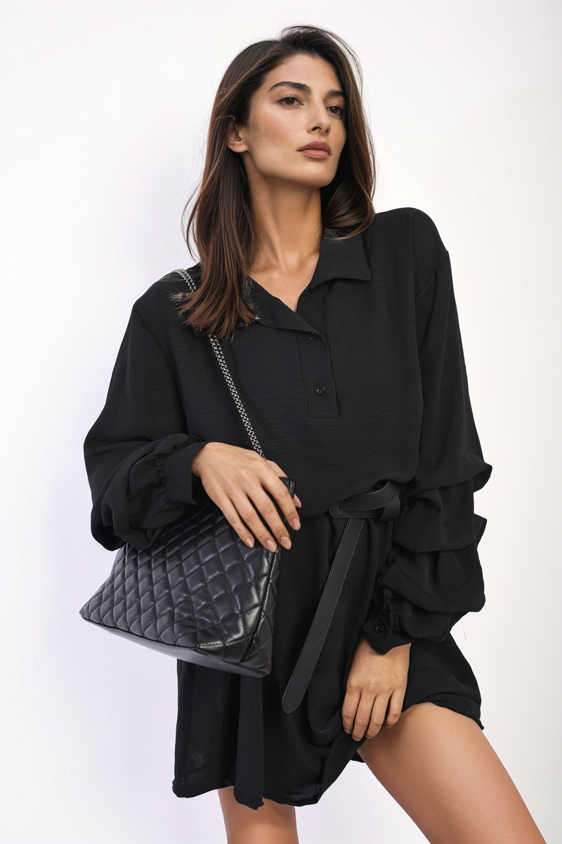 Ruffle Sleeve Pocket Button Front Blouse Dress-8