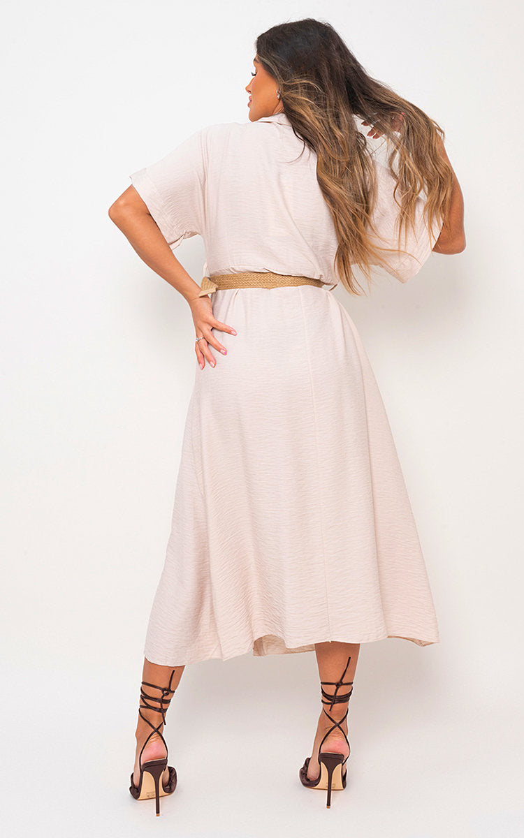 Button Down Collared Short Sleeve Midi Dress with Belt Detail-4