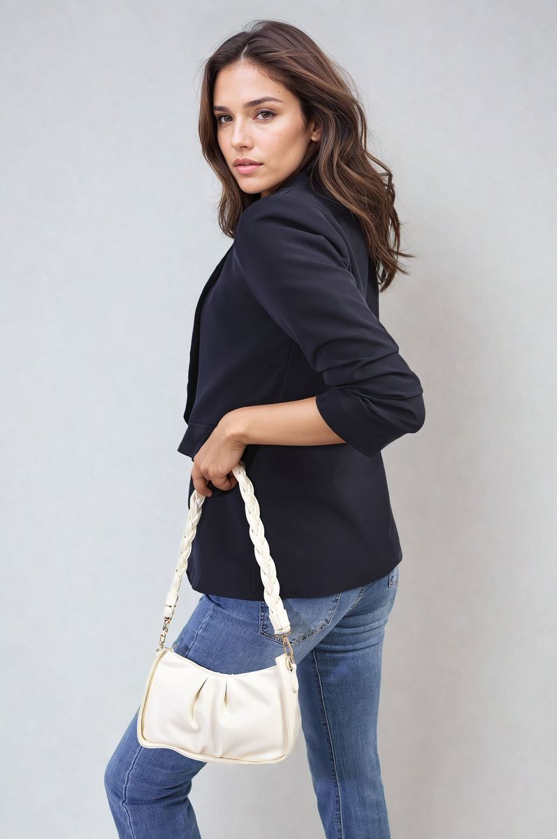 Ruched Sleeve Open Front Blazer Jacket with Front Pockets-10